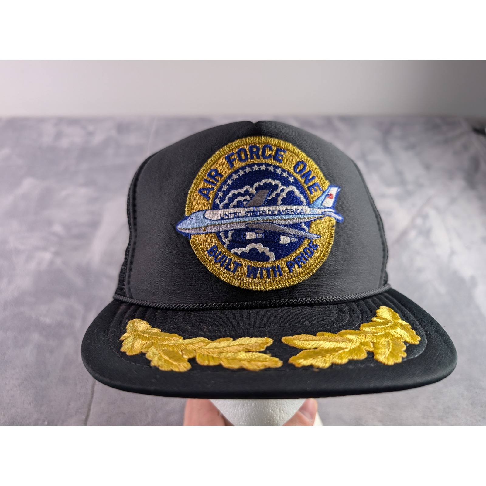 Vintage Nissin Cap Air Force One Trucker Hat Black Mesh Snapback Scrambled Eggs